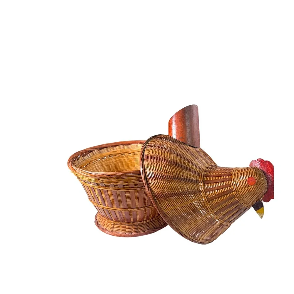 Vintage Woven Bamboo Hen on Nest Chicken Basket Farmhouse Decor Brown 2 Piece